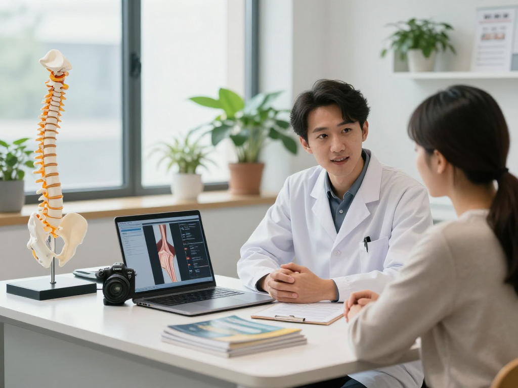 Patient consultation on Bel kayması ameliyatı with an orthopedic surgeon in a modern clinic setting