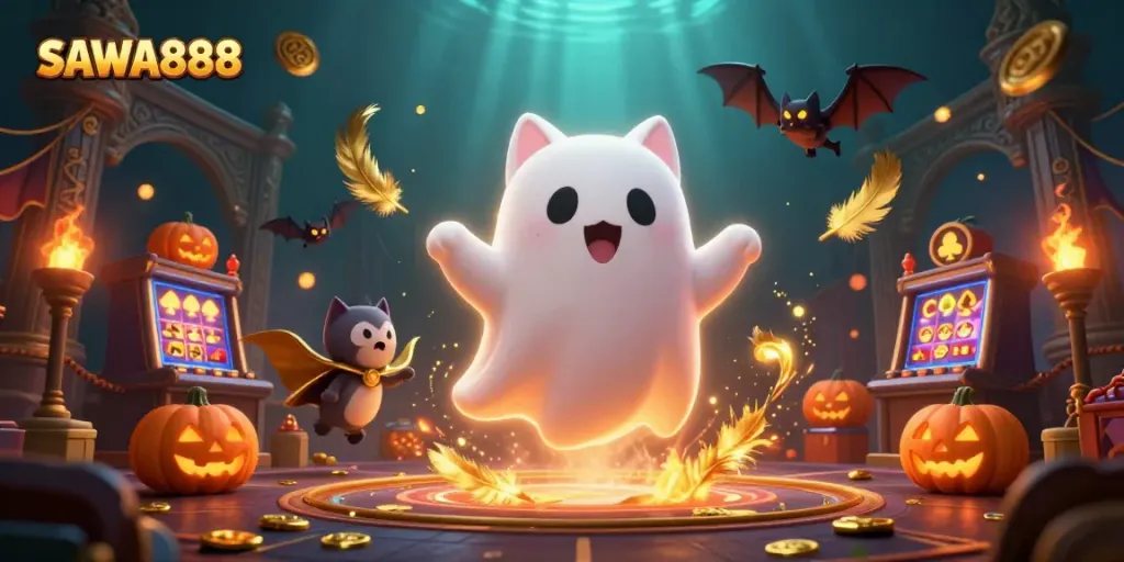 Engage in thrilling gaming adventures with SAWA888 in a haunted casino illustration.