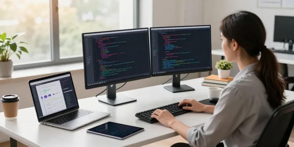 Notepad++ coding workspace with dual monitors and developer at desk - https://notepad-app.co/.