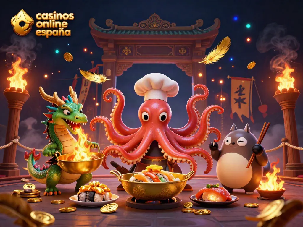 Participa en casinos online España con la emoción de un chef pulpo y un dragón, rodeado de oro.