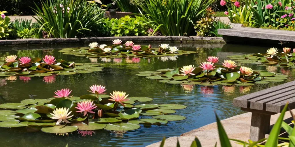 Colorful water lilies in a serene garden pond with lush greenery and a sunny atmosphere.