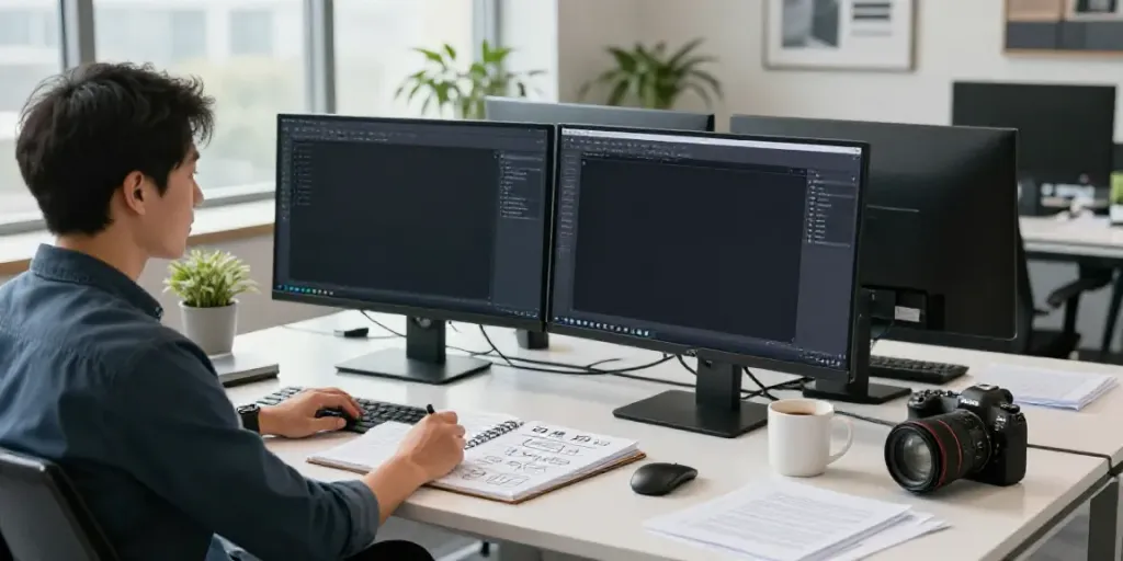 AI writing tools for consultants at a modern office with screens and notes.