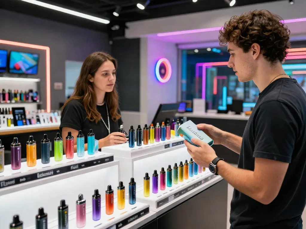 Vibrant Flum vapes display in modern vape shop, showcasing flum vapes wholesale options.