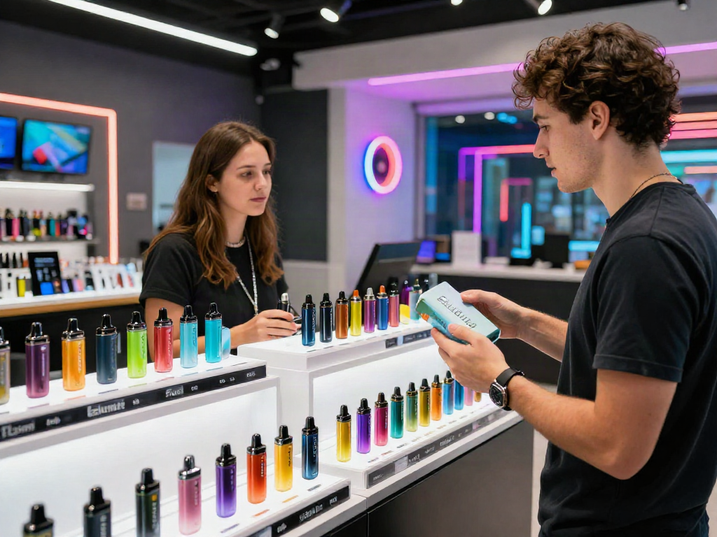 Vibrant Flum vapes display in modern vape shop, showcasing flum vapes wholesale options.