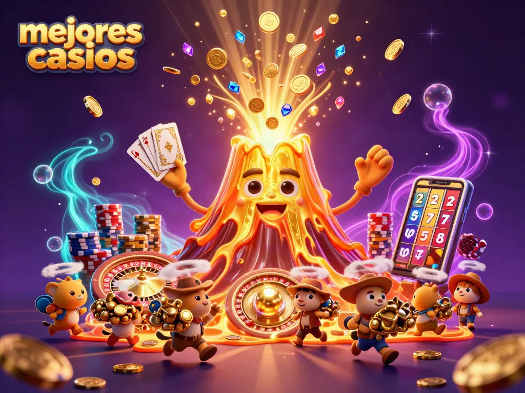 Visualiza los mejores casinos con un volcán dorado y riquezas en un entorno vibrante.
