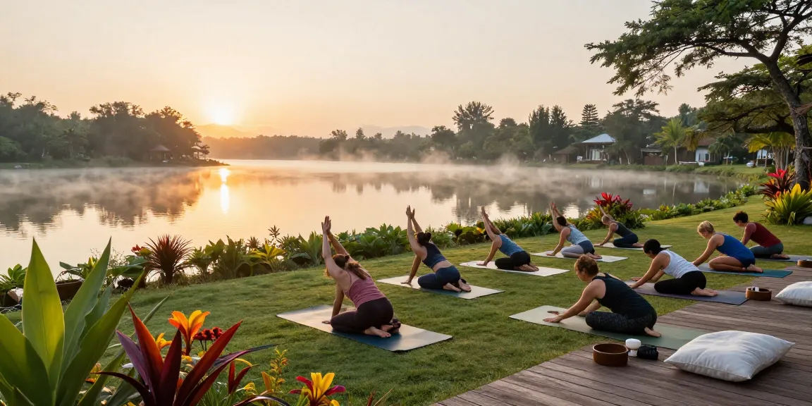 Yoga retreat venue hire Sri Lanka with serene lakeside yoga practice, lush greenery, and vibrant flowers.