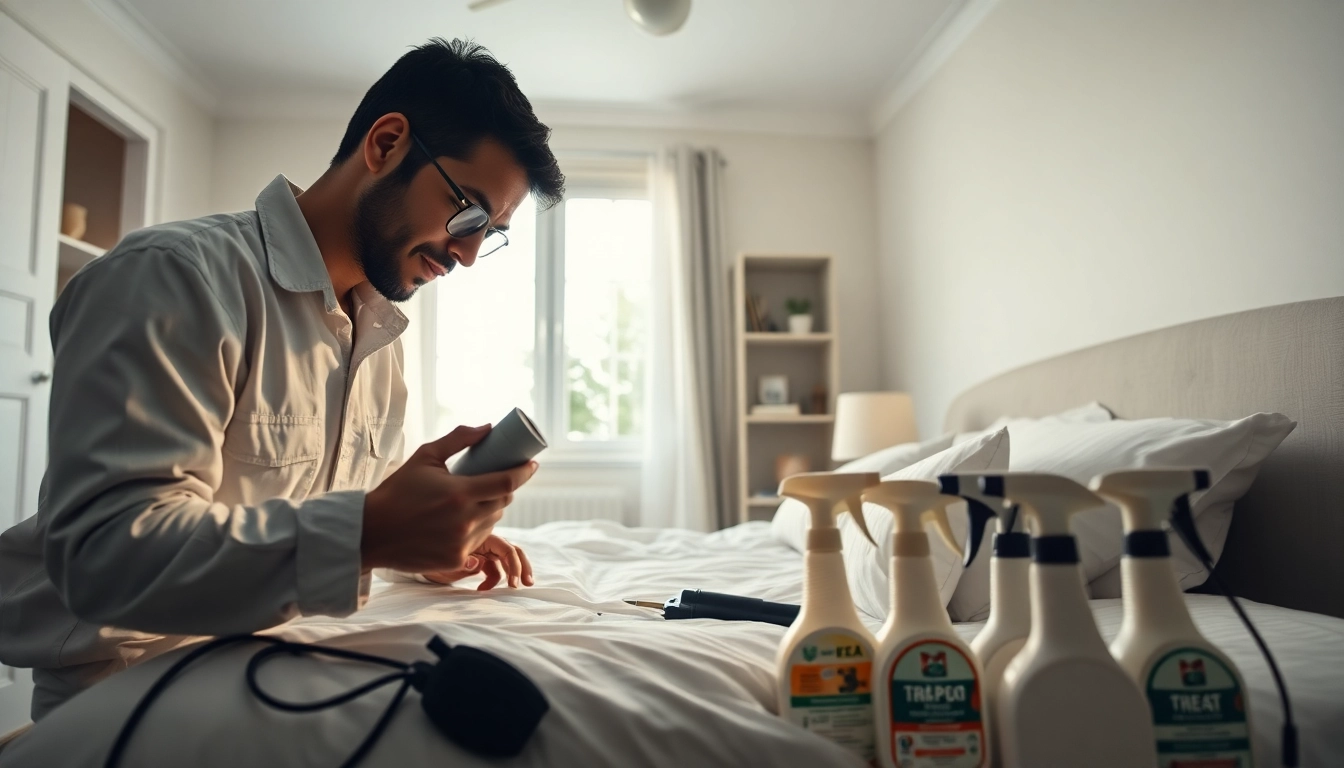 Inspecting bed bug services near me in a well-lit bedroom environment.