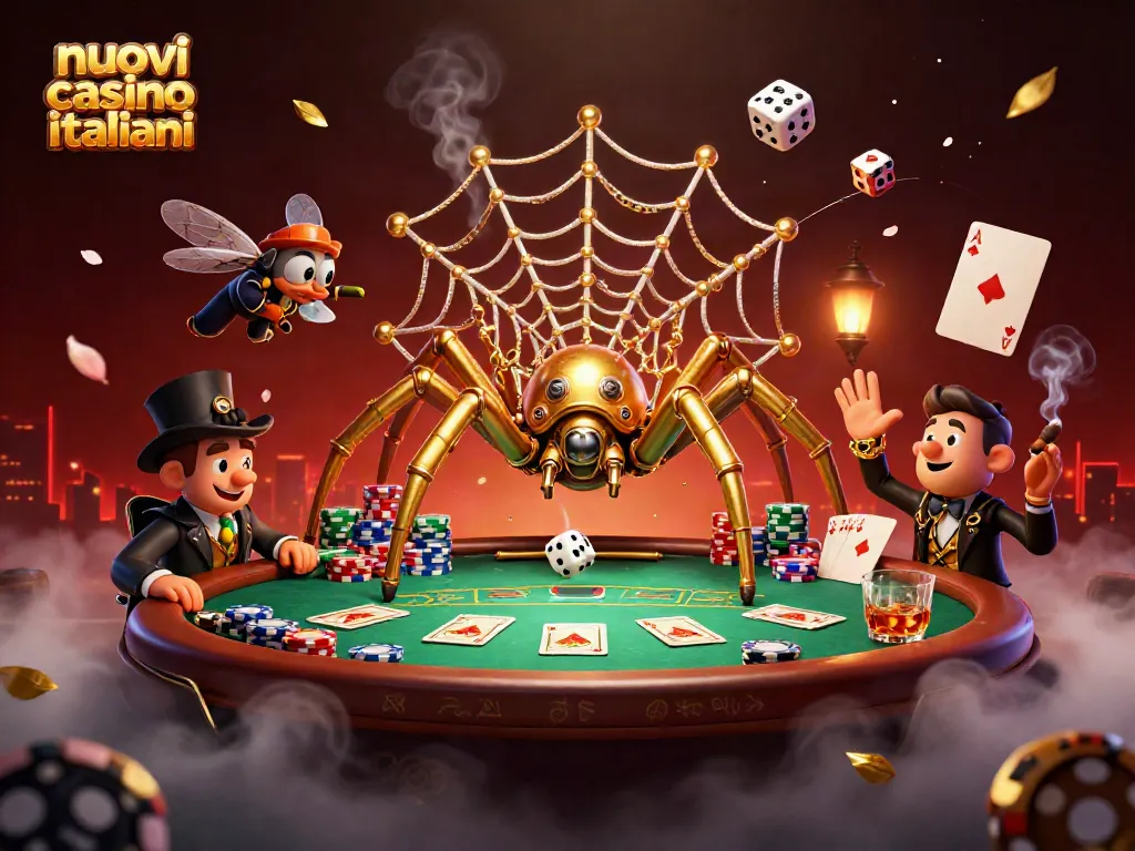 I migliori nuovi casino italiani presentano un'affascinante illustrazione con una ragnatela di fiches e un ragno steampunk, intriso d'atmosfera di gioco.