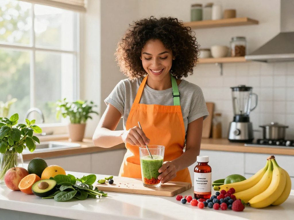 Vegan astaxanthin smoothie preparation with vibrant fruits and greens in a sunny kitchen.