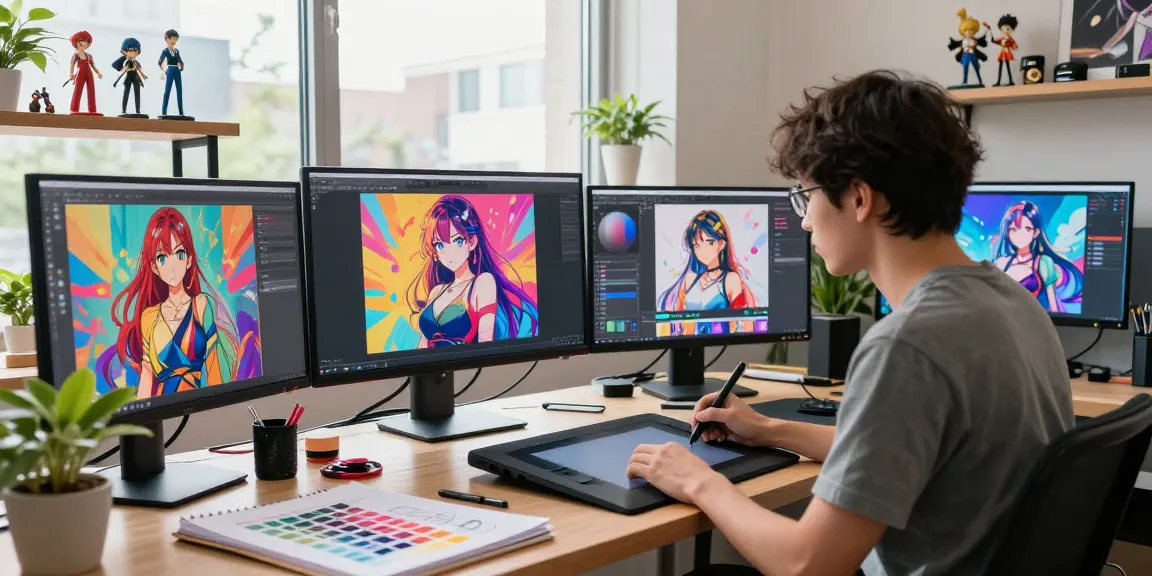 Creating ai ecchi art in a vibrant digital studio with an artist and colorful screens.