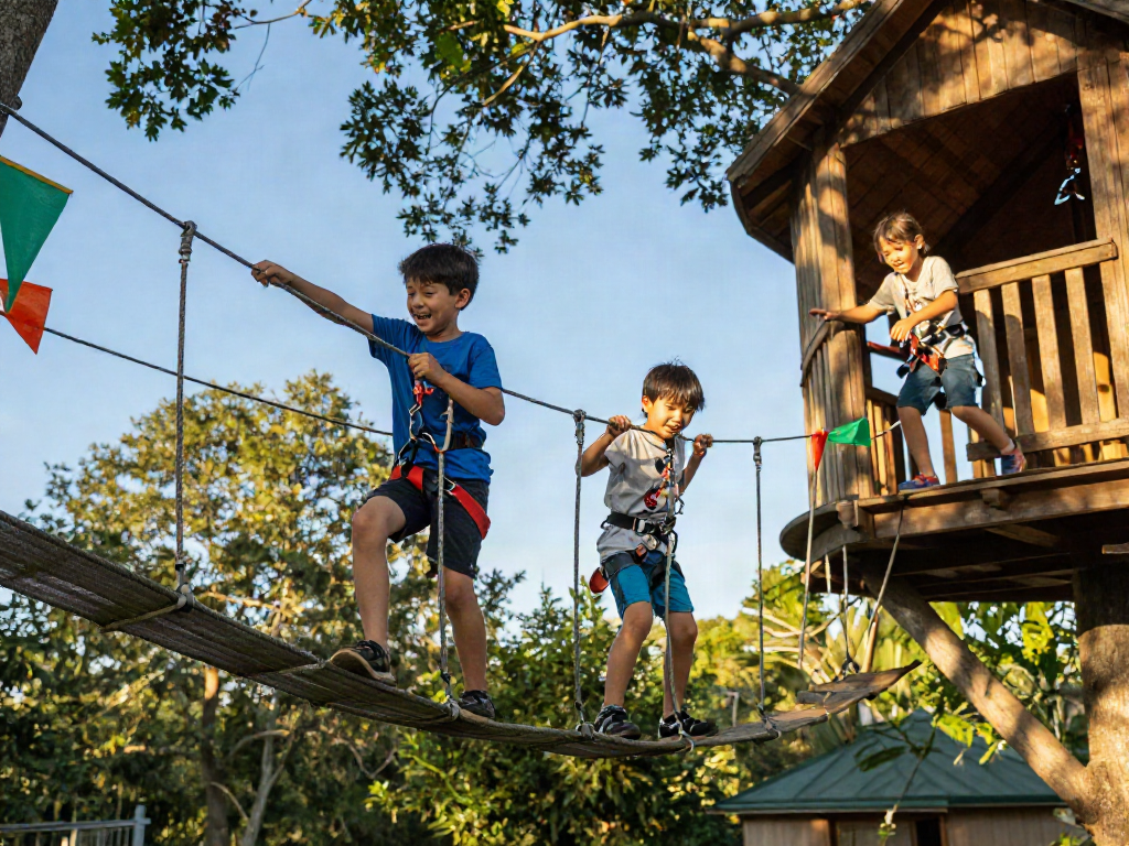 Children joyfully crossing a rope bridge, illustrating outdoor play and adventure.