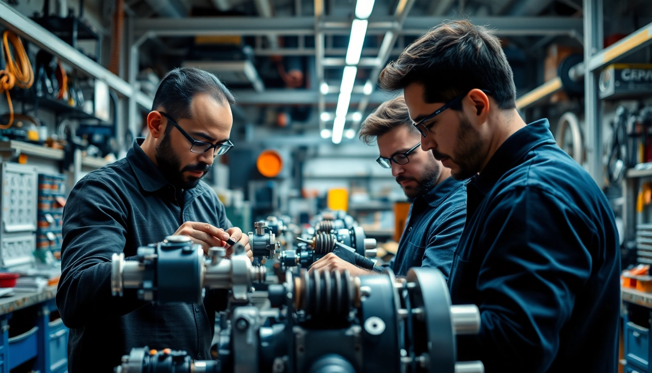 Workers assembling custom hydraulic equipment in a well-lit workshop
