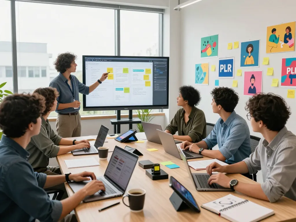 Purchase PLR Content with a diverse team collaborating in a vibrant workspace focused on digital content development.