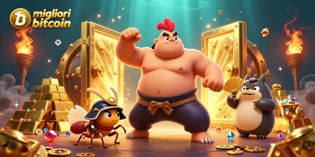 I migliori casino bitcoin presentano un potente pollo sumo e un grillo combattente in un'illustrazione vibrante.