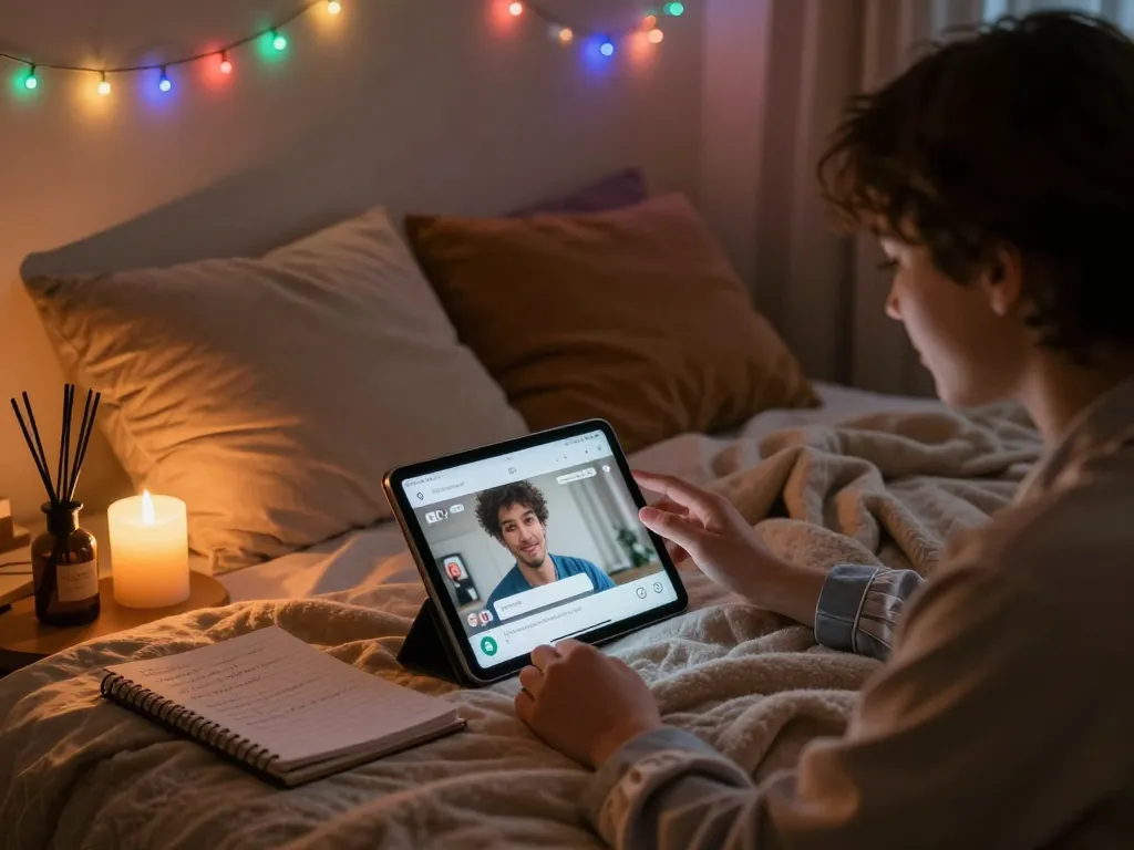 Engaging in ai chat porn with a cozy bedroom setup, showcasing intimate AI interaction and comforts.