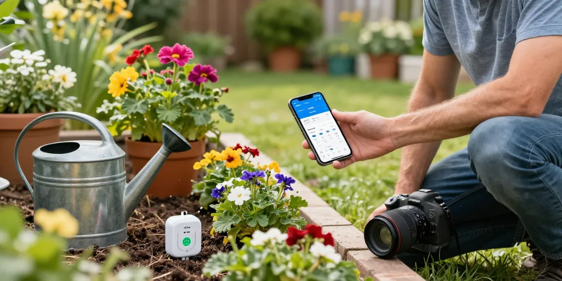 Gardener using RainPoint WiFi timer to optimize watering in a vibrant garden