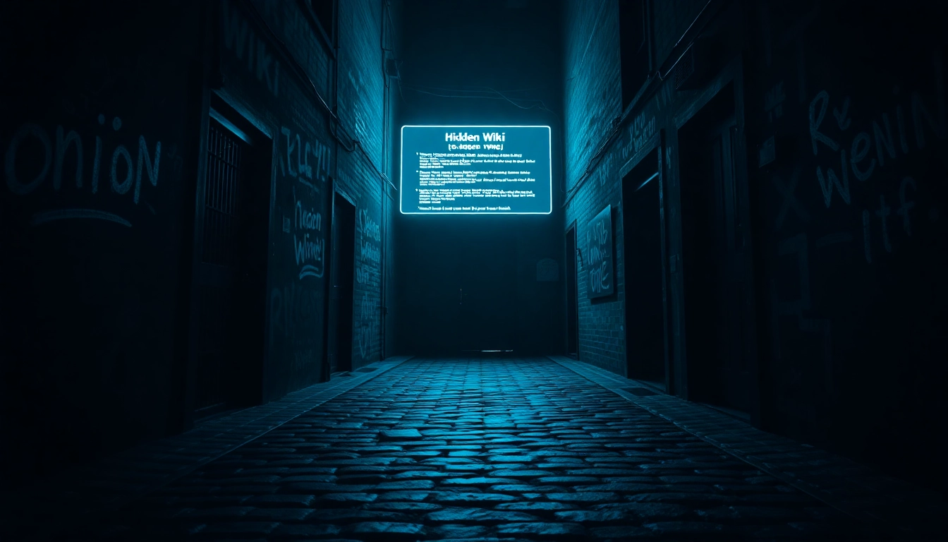 Hidden Wiki dark web scene showcasing a mysterious alley with .onion URLs and cyberpunk elements.