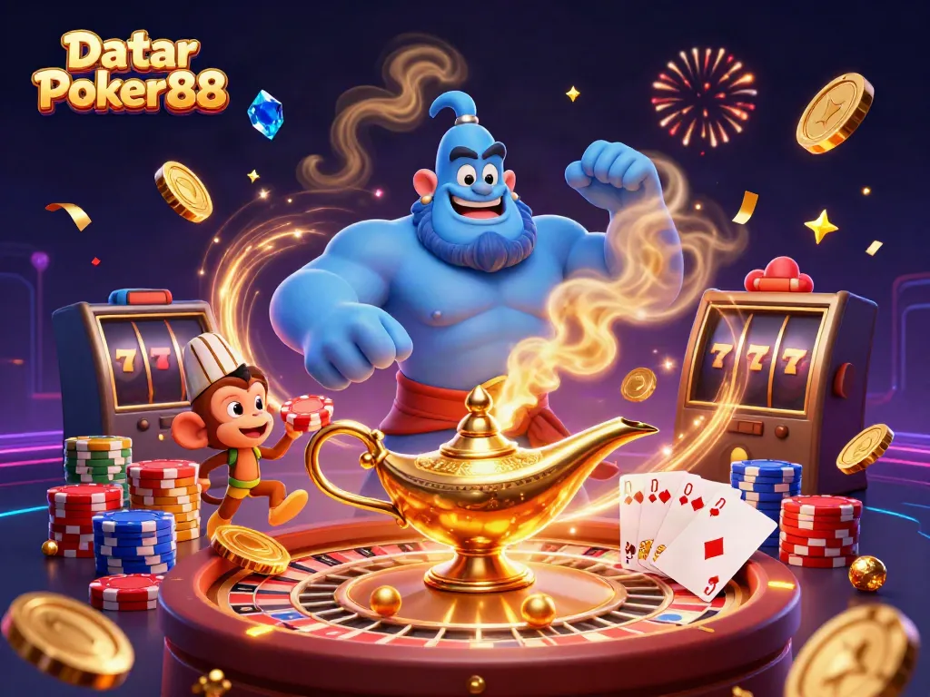 Enjoy an exciting Daftar Poker88 scene with a genie and poker elements, perfect for online gaming.