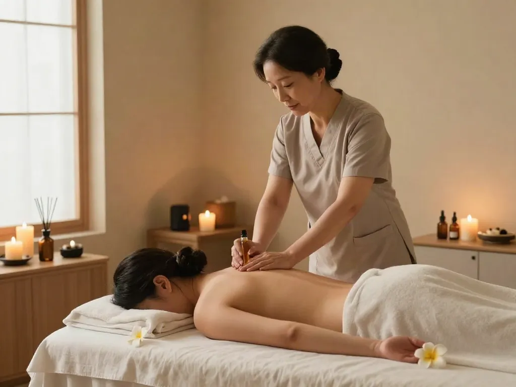 Therapist performing 서대문출장마사지 in a serene wellness room with soft lighting and calming decor.