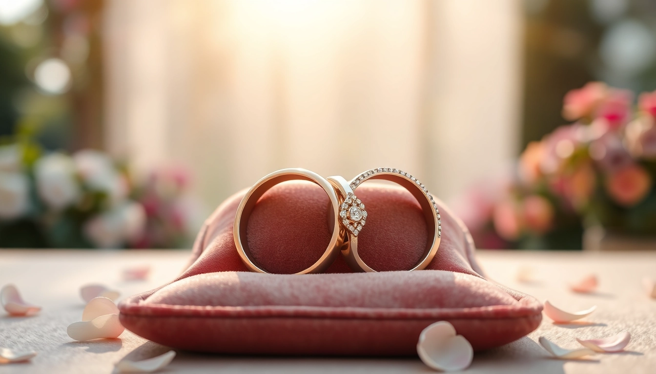 Admire the stunning couple rings displayed on a soft cushion, highlighting their exquisite features.