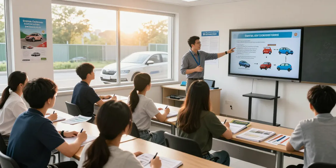 Driving school in Chișinău, students engaged in learning about driving regulations with modern classroom setup.