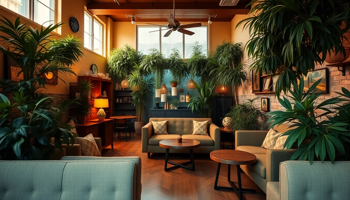 Meilleurs Cannabis Clubs à Madrid avec un décor accueillant et des plantes luxuriantes.
