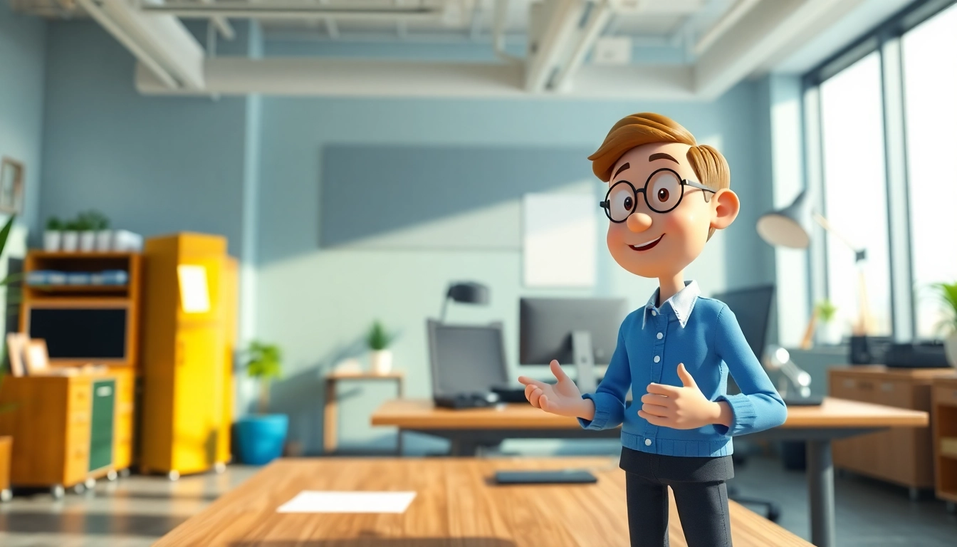 Unternehmensanimation visualisiert durch eine animierte Figur in einem modernen Büroumfeld.