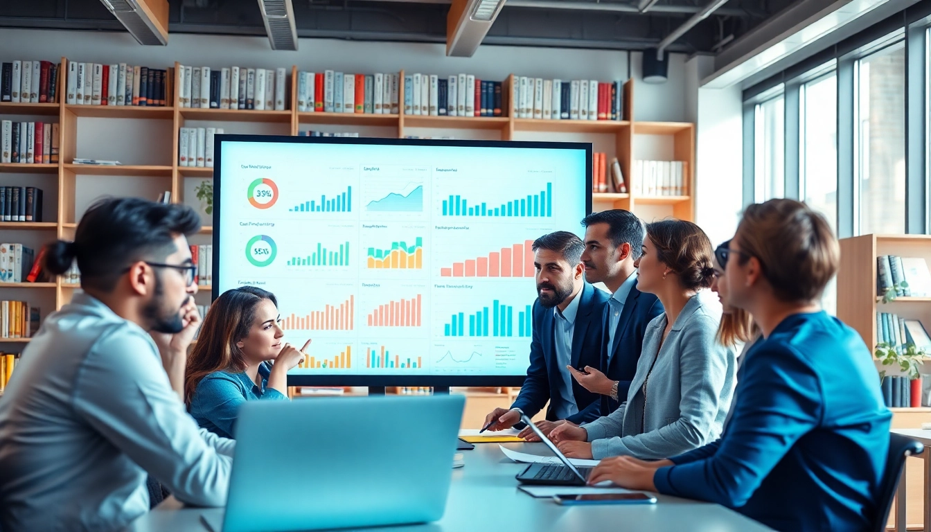 Analyze SEO performance metrics in a collaborative office setting with marketing professionals.