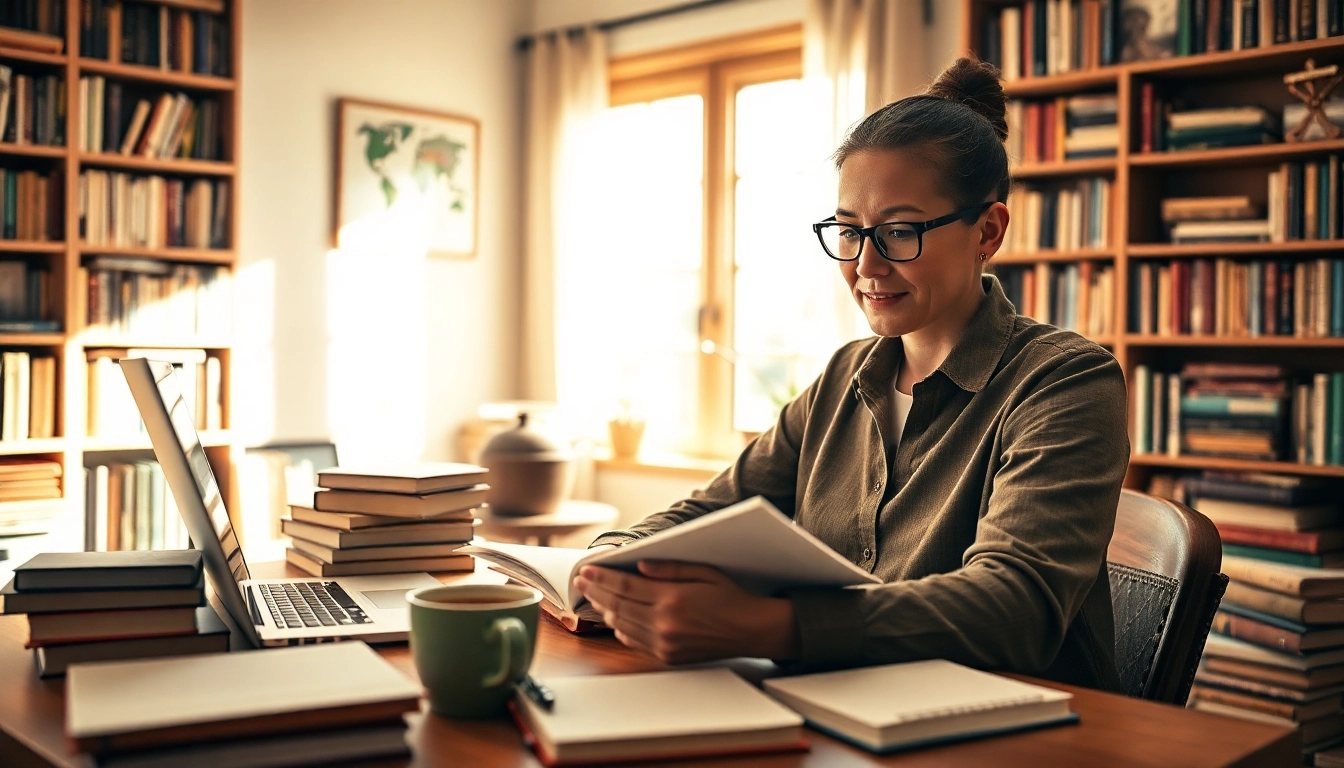 Writing a motivational memoir with coffee and books in a cozy environment.