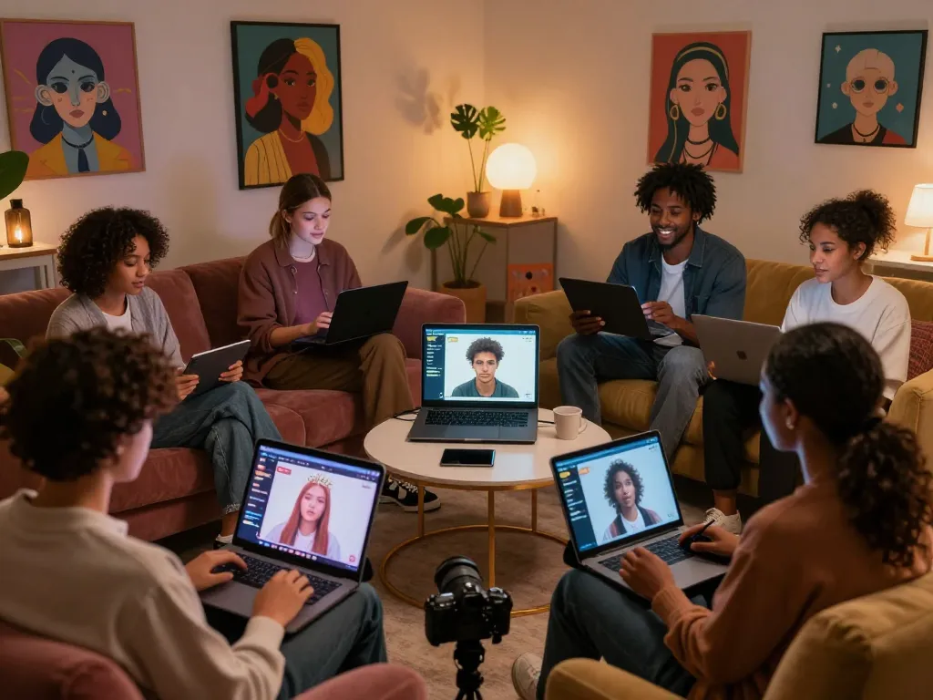 AI chat porn scene with diverse characters in digital lounge engaging in NSFW conversations.
