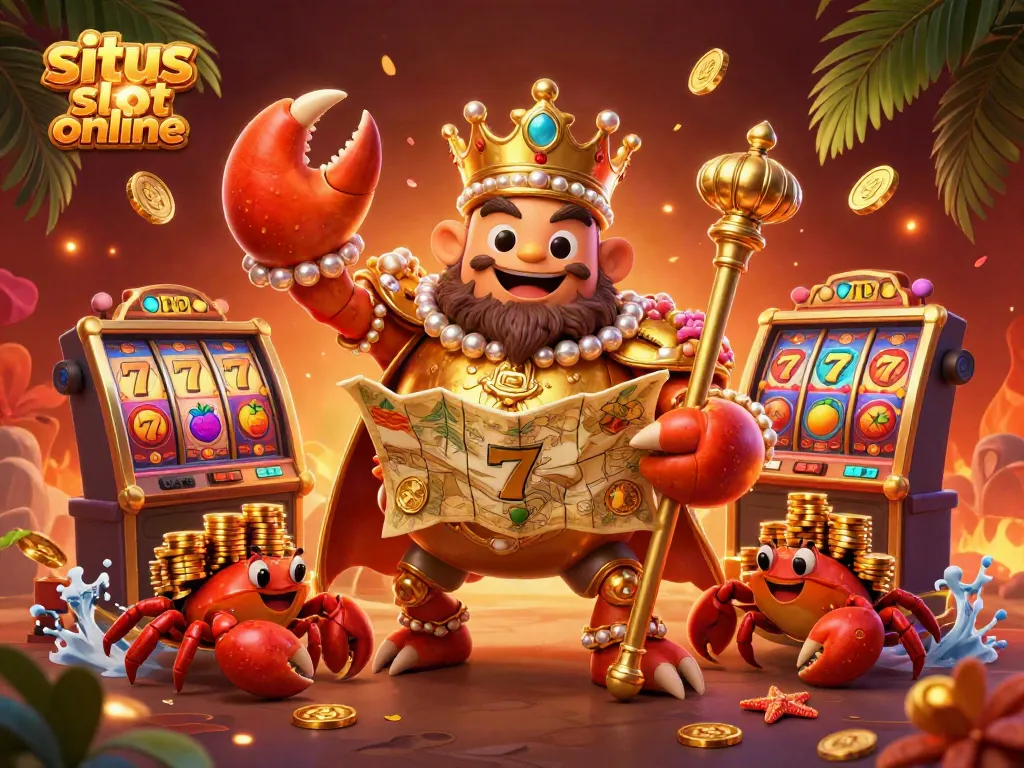 Situs slot online dengan ilustrasi 3D menarik dari kepiting emas yang berkuasa, simbol keberuntungan, dan fitur permainan slot yang mencolok.