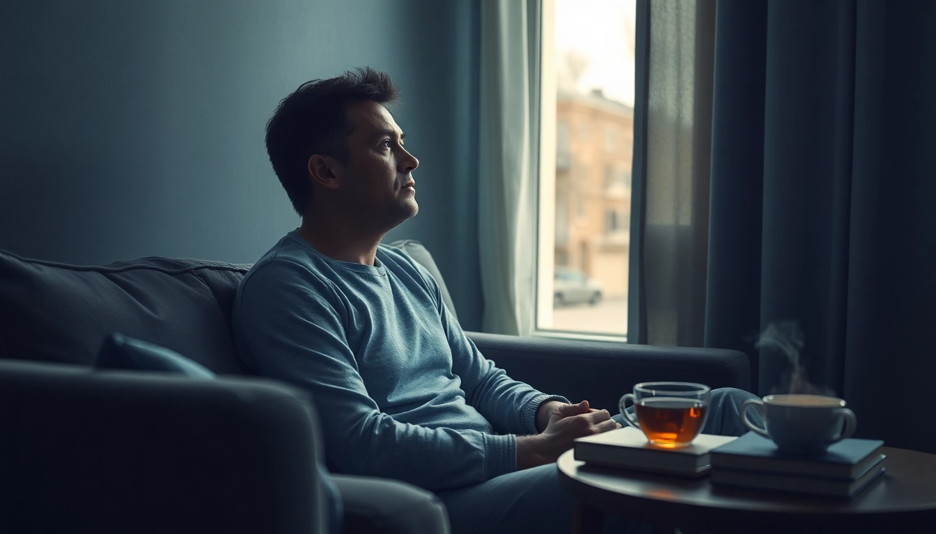 Person experiencing depression symptoms in a serene setting with soft lighting.