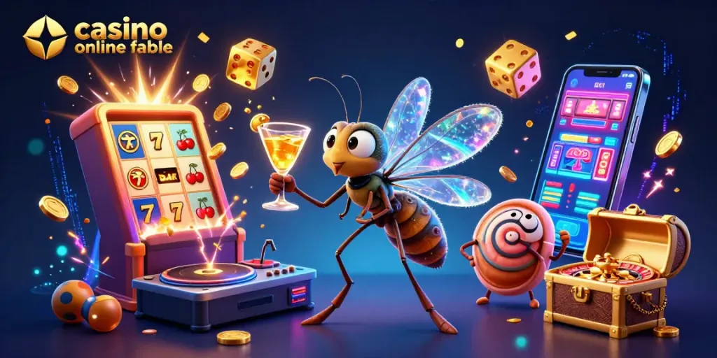 Juega en un casino online fiable mientras exploras una animada escena de póker y tragamonedas.