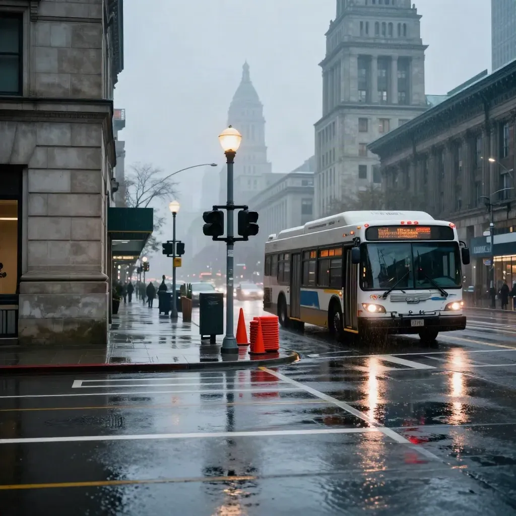 Rainy city intersection with a turning bus, traffic cones, misty tower, and reflections.