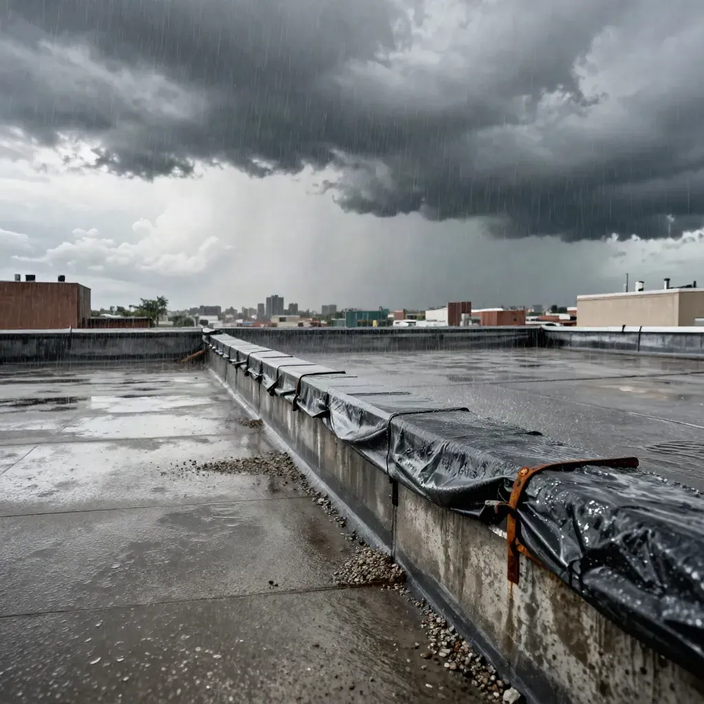 Rain lashes a rooftop parapet under storm clouds over the city.