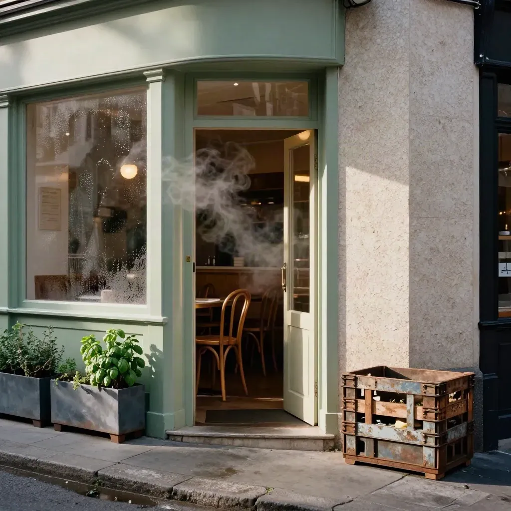 Glowing corner bistro entrance at first dinner service, with steamed windows, chairs, herbs, and delivery crates.