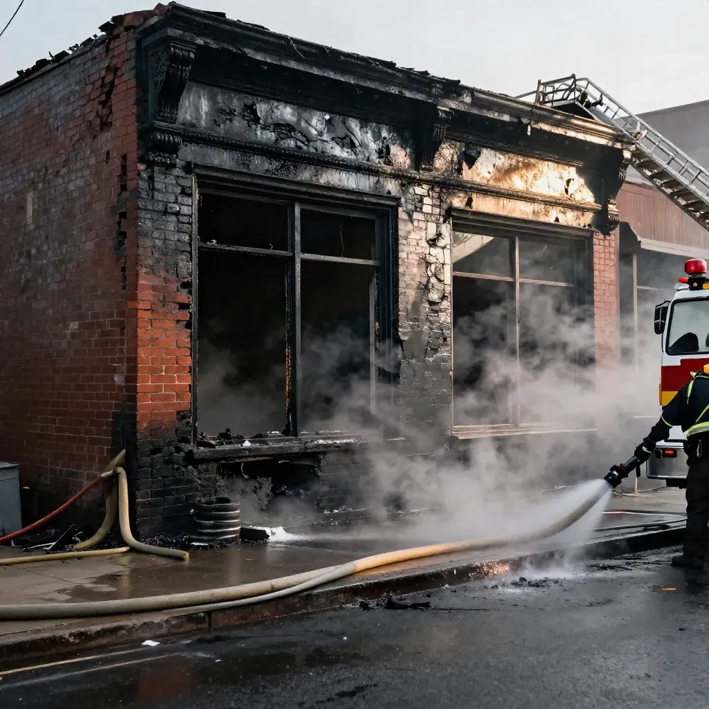 Charred storefront with ladder truck, hoses, and steam at dawn after a fire