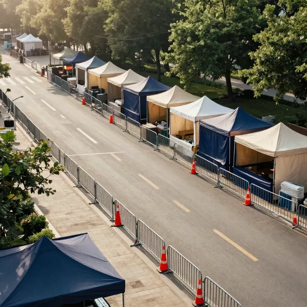 Aerial view of park-edge street closures with striped tents, cones, and barricades before festival day.