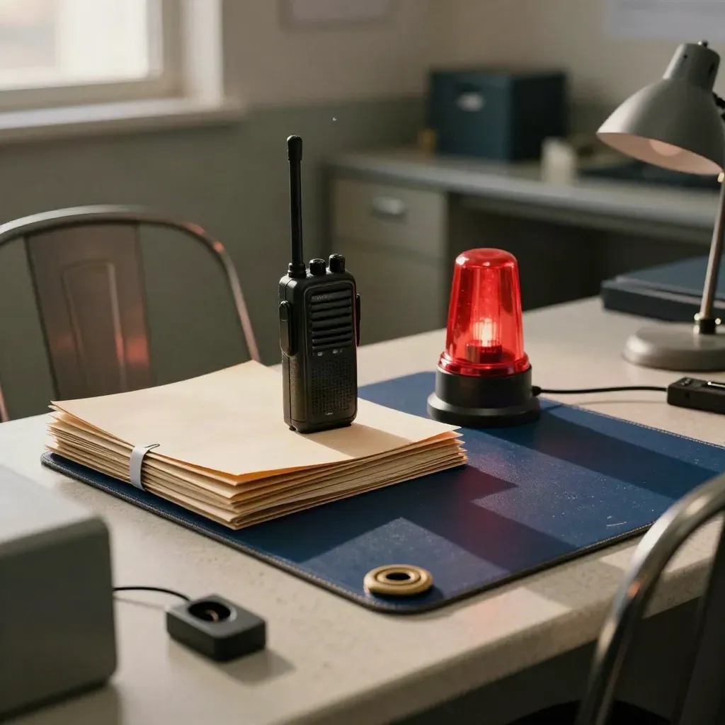 Dispatch safety desk at dawn with radio, red beacon, folders and a metal chair in soft window light.