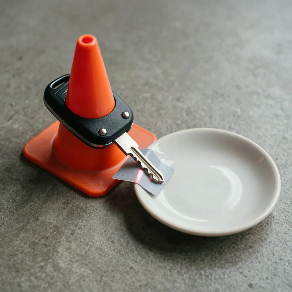Overhead still life of a key fob, lane cone, reflective strip and dish on concrete