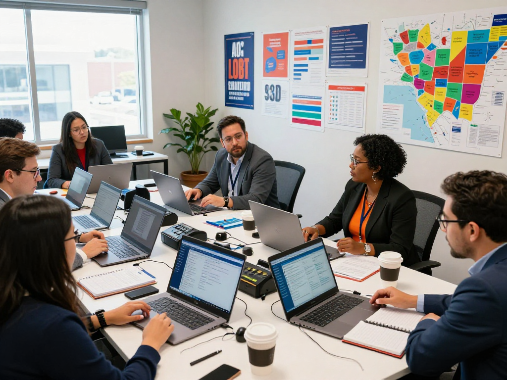 Campaign strategists using predictive dialer political software in a dynamic office.