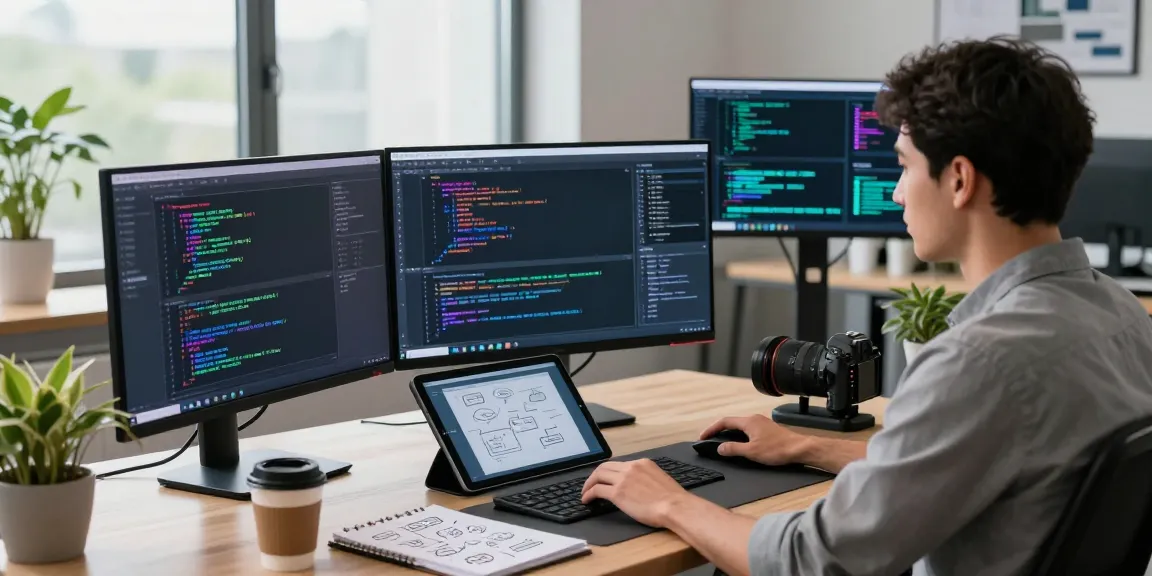 Developer coding in a modern workspace for CrushOn AI solutions, showcasing innovative technology and productivity elements.