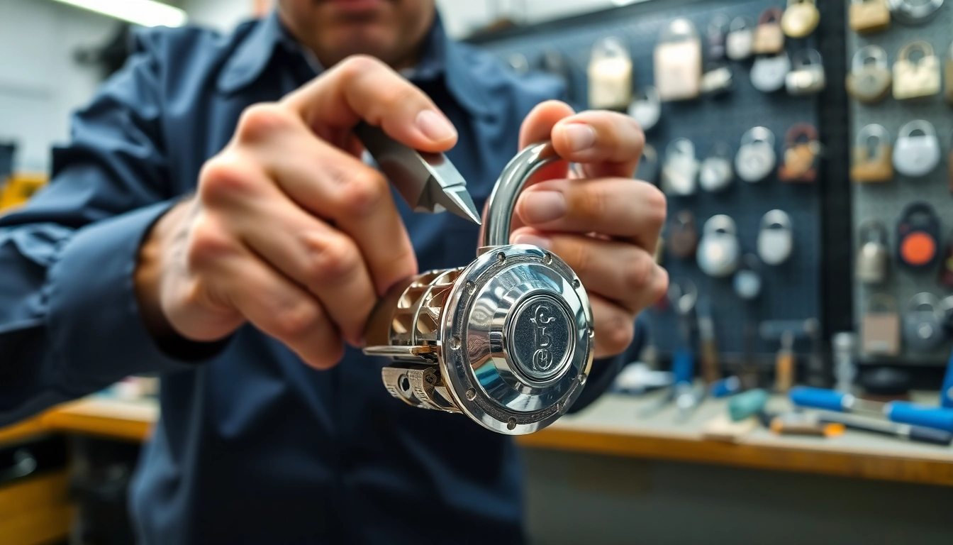 Locksta lock mechanism detailed inspection by an expert locksmith in a workshop setting.