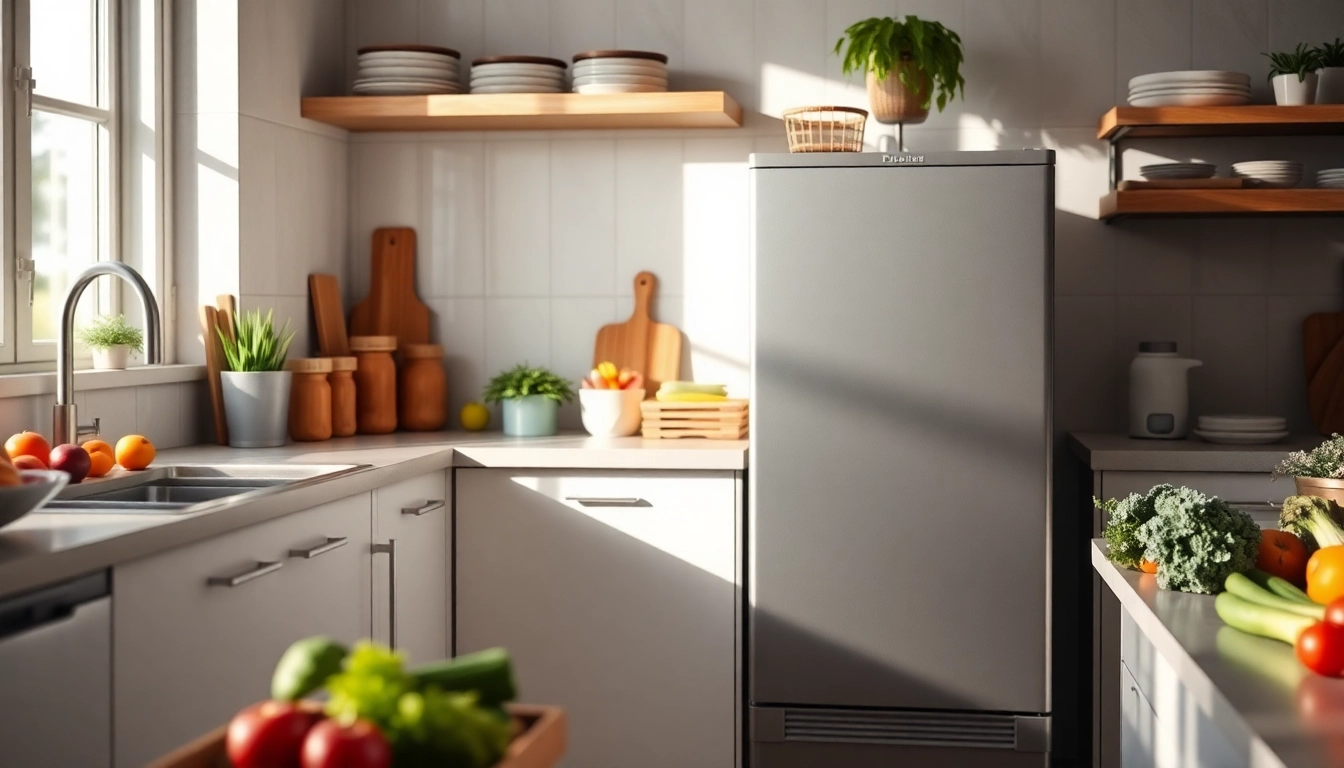A bright, inviting affordable mini fridge and freezer in a modern kitchen setting filled with fresh produce.