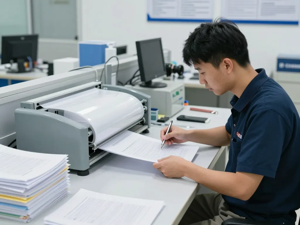 Địa chỉ bóc ép plastic service showing expert technician safely removing plastic layer from documents in a modern facility.