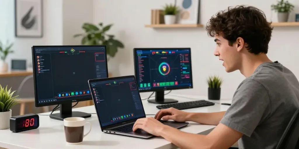Engaged player enjoying Toto online gaming on a modern laptop in a stylish workspace.