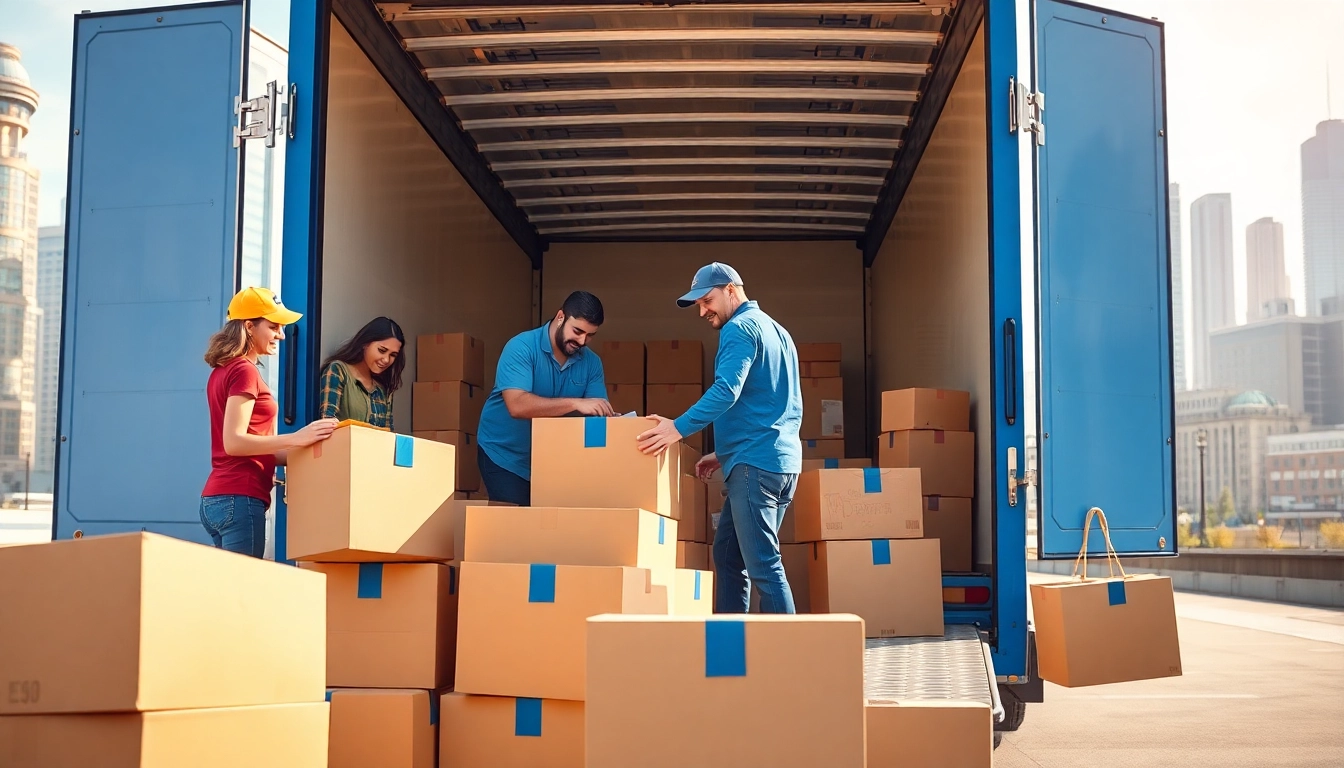 Movers working with moving companies across provinces loading boxes into a truck against a city backdrop.