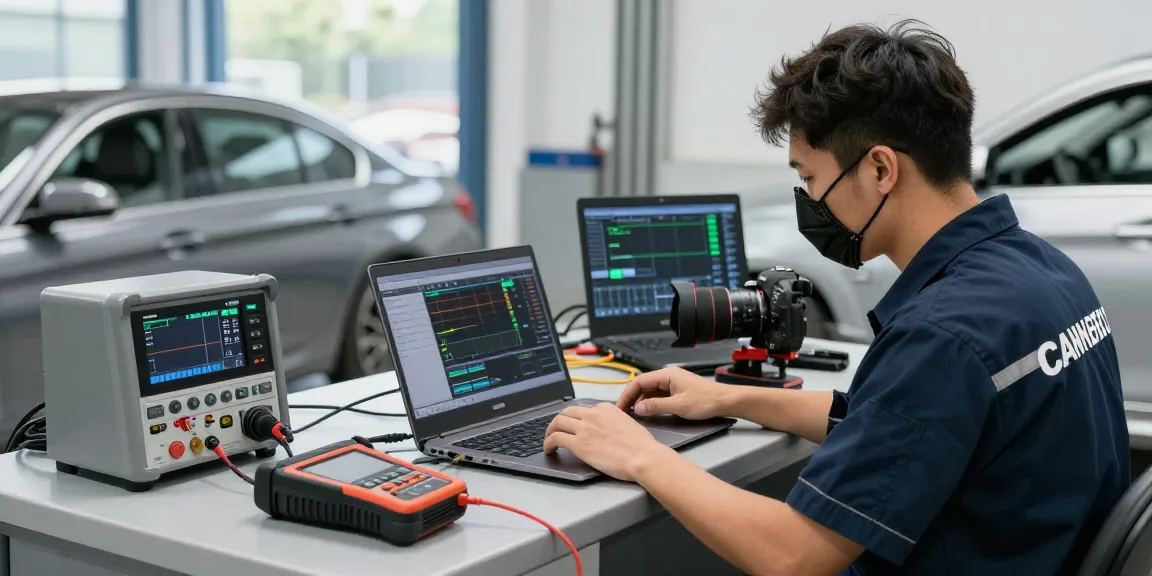 Chiptuning Hannover: Fahrzeugtechniker bei der Arbeit in einer modernen Werkstatt mit BMW und Laptop zur ECU-Optimierung.