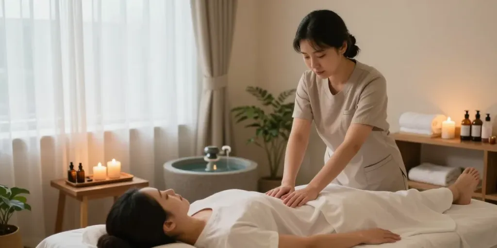 Relaxing scene of 창동출장마사지 therapy session in a tranquil spa environment.