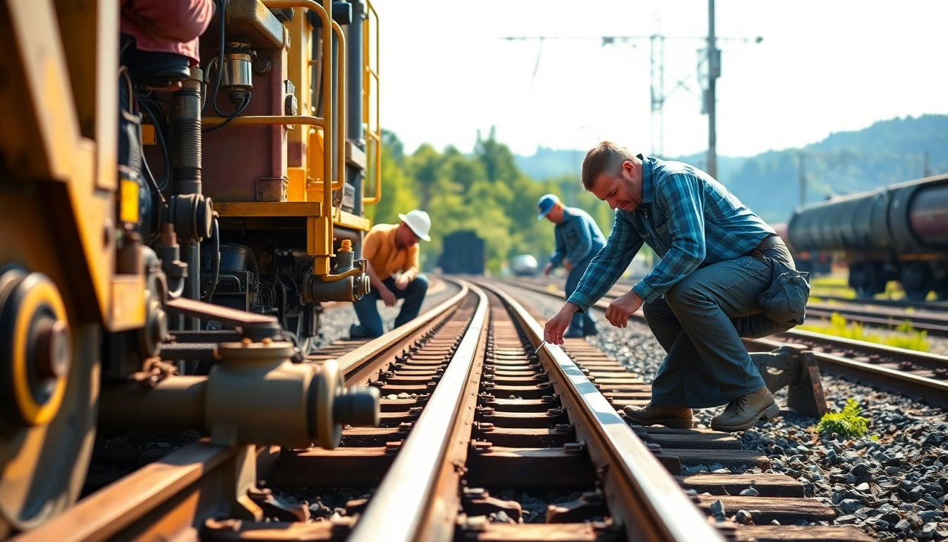 Railroad Maintenance crew efficiently repairing tracks with machinery in bright daylight.